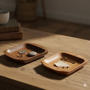 Vintage Monkey Pod Wood Catchall Trays - Set of 2 MCM Hand Carved Trinket Dishes